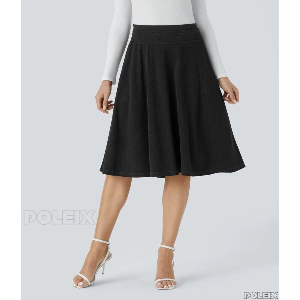 Halara Casual Midi Skirt with Double Layer Design and Flared Hem Ribbed Black S